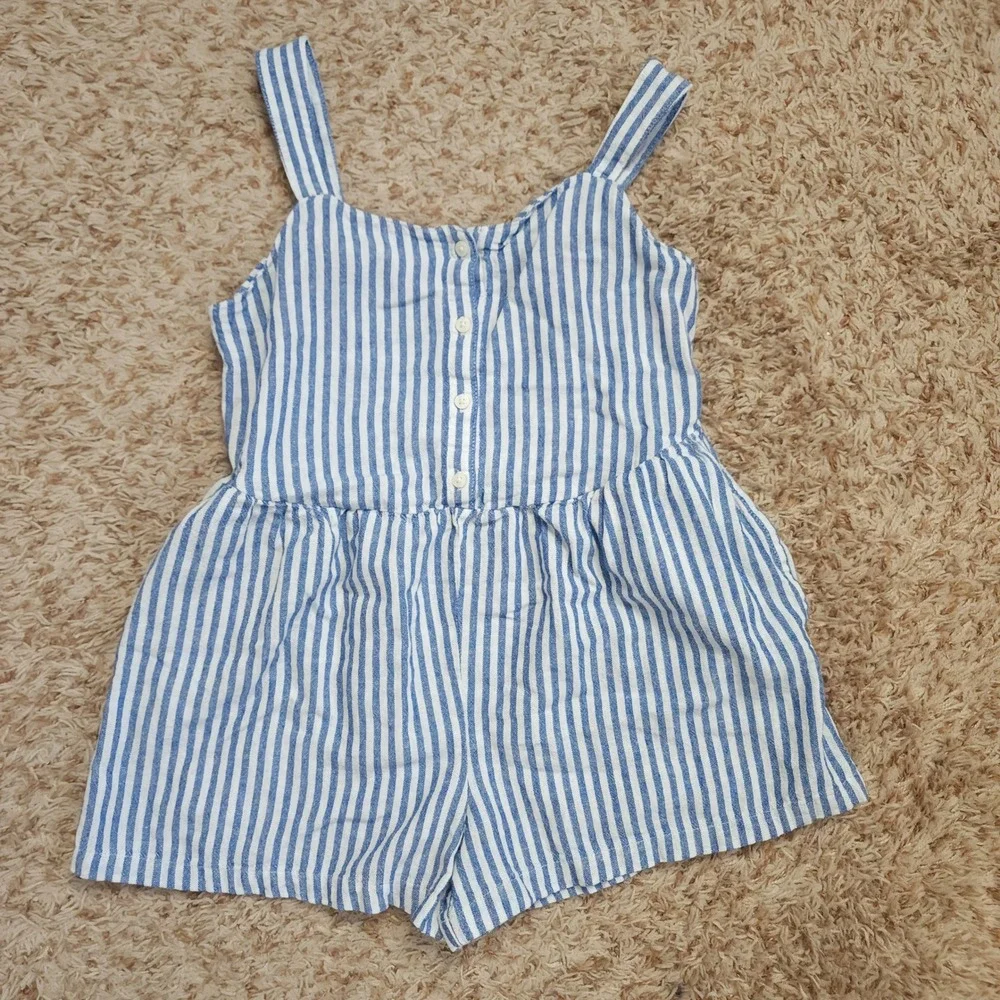 Old Navy Romper Kids XL 14-16 Blue White Striped Linen Blend Smocked Back Pocket